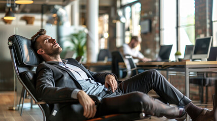 As colleagues present their ideas, a sleeping businessman sits undisturbed, highlighting workplace exhaustion and the need for work-life balance.
