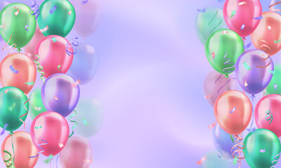 Wall Mural - Template of background with 3d pastel colorful realistic balloons with confetti ribbons frame and empty space for greeting text or invitation. Cyan wallpaper for celebration, sale, opening, holiday
