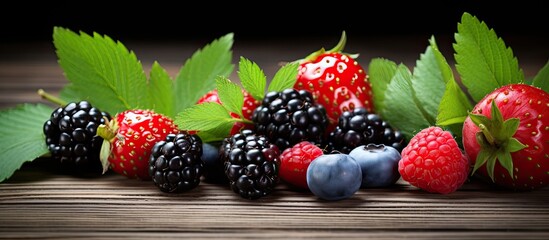 Poster - Fresh juicy berries with green leaves on wood texture. Creative banner. Copyspace image