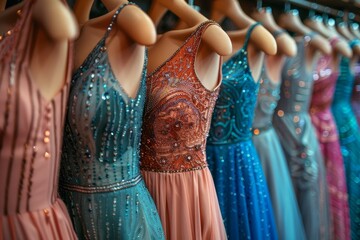 Various sequined evening dresses on hangers showcasing fashion and elegance