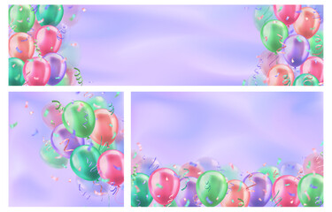 Wall Mural - Template of 3d colorful realistic glossy balloons with confetti ribbons on blurred backgrounds and copy space for invitation or greeting text. Set of banners for birthday party, sale, opening, holiday