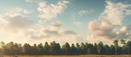 Sticker - The view overlooking the trees the sky the clouds even though it is daytime but the weather is still cold. Creative banner. Copyspace image