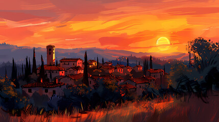 Digital painting of a sunset over the hillside village in the countryside