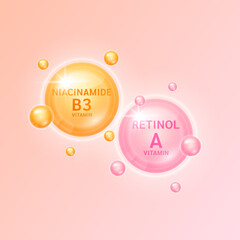 Wall Mural - Retinol or vitamin A orange and Niacinamide or vitamin B3 pink. Helps keep skin moisturized and youthful. For cosmetic advertising medical beauty. Vector EPS10.