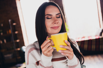 Canvas Print - Photo of lovely young woman hold coffee mug drinking wear striped outfit interior home living room in brown warm color