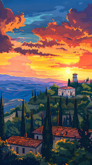 Digital painting of a sunset over the hillside village in the countryside