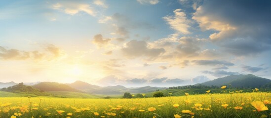 Wall Mural - green grass field isolated on white background Bright green leaves of exotic tropical plant growing in rainy forest in daytime field of blooming yellow flowers on a background sunset. Creative banner