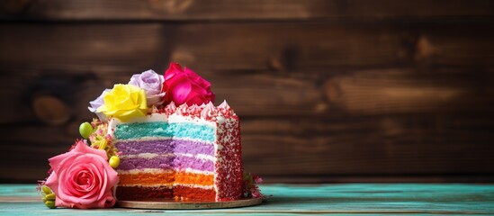 Aufkleber - Rainbow cake on wood background. Creative banner. Copyspace image