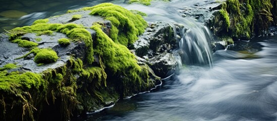 Poster - Spectacular picture of sea water tapping green stone trough. Creative banner. Copyspace image