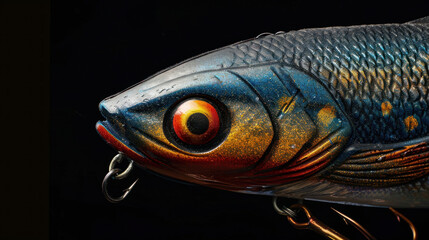 Wall Mural - Close-up of a rubber fish lure with a securely attached fishing hook, ready for use, capturing the realism and vivid colors of the bait.