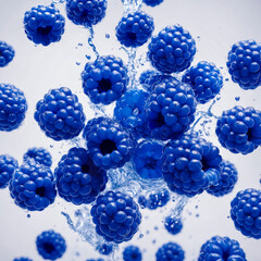 Falling blue raspberries with water splash