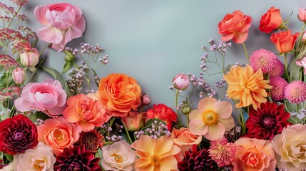 Wall Mural - A colorful garden of flowers with a blue sky in the background