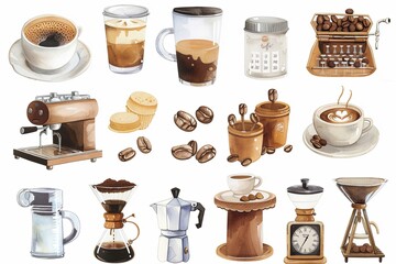 Canvas Print - Coffee Enthusiast: A digital planner sticker set featuring watercolor illustrations of coffee cups, beans, coffee machines