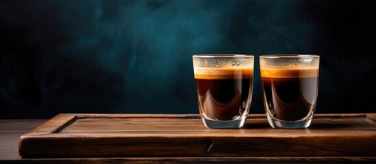 Leinwandbilder - Coffee with milk two glasses on a wooden surface Two glasses with coffee on wooden tray on dark background. Creative banner. Copyspace image