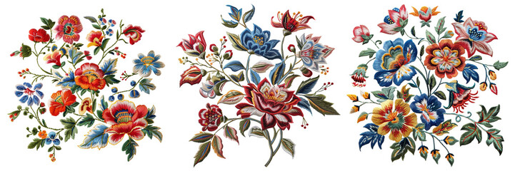 Wall Mural - Set of beautifully detailed embroidery flower pattern isolated on a transparent background