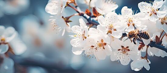 Wall Mural - White flowers in macro Flowering trees Bee on a white flower Branch of a tree with white flowers. Creative banner. Copyspace image