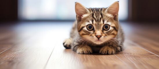 Poster - Portrait of an adorable tabby cat lying on the ground. Creative banner. Copyspace image