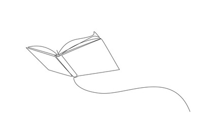 Wall Mural - Self drawing animation of single line drawing smart robotic standing on large flying open book. Like riding a cloud, able to fly as high as possible. Reading increase insight. Full length animated
