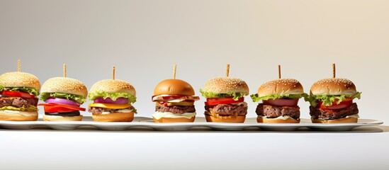 A copy space image featuring mini burgers atop a white plate garnished with lettuce and thin slices of meat