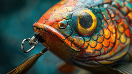 Wall Mural - Detailed close-up of a rubber fish lure with a sharp fishing hook attached, showcasing its lifelike scales and vibrant colors designed to attract fish.