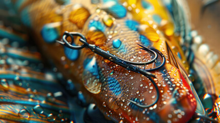 Wall Mural - Detailed view of a rubber fish lure with a fishing hook, emphasizing the textures and vibrant colors that make it an effective bait.