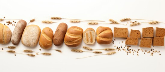 A copy space image of wheat colored bread cut into small pieces is arranged like a decorative border It is isolated on a white background and depicted from a top down perspective reminiscent of a fas