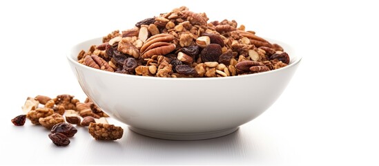 Wall Mural - A bowl of chocolate granola cereal with nuts on a white background perfect for copy space image