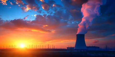Sunset silhouette of nuclear power plant with smoking chimneys polluting air. Concept Industrial Pollution, Sunset Silhouette, Environmental Impact
