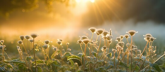 A close up of dew covered plants in a foggy sunrise creates a serene fairy like summer scene with soft sunlight The macrophotography captures the natural pattern showcasing the beauty of the environm