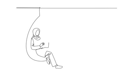 Wall Mural - Animated self drawing of single line drawing Arab woman sitting relax in hanging chair reading a book. Spending the weekend reading the favorite fiction story book. Full length single line animation