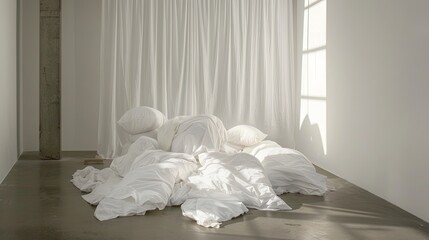 a white duvet laid flat on a bed, devoid of wrinkles, accompanied by two matching pillowcases, with the bed positioned on the floor against a clean white wall background.