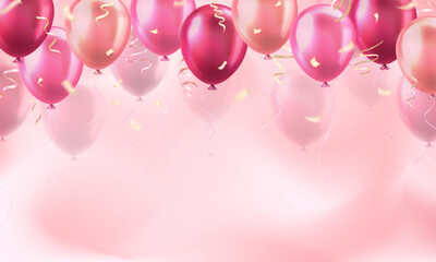 Wall Mural - Wallpaper with 3d realistic cute pink glossy balloons and confetti decoration with blank space for greeting text. Banner design for birthday, celebration party, sale, wedding invitation, etc.