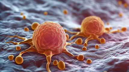 Cancer cell and T cell, illustration. 