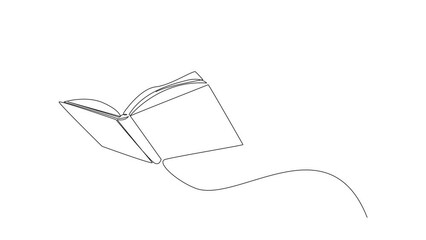 Poster - Self drawing animation of single line drawing Arabian man standing on large flying open book. Like riding a cloud, able to fly as high as possible. Reading increase insight. Full length animated