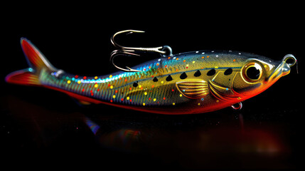 Wall Mural - High-detail image of a rubber fish lure with a securely attached hook, capturing the lifelike features and vivid hues aimed at luring fish.