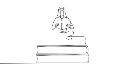 Wall Mural - Self drawing animation of single line drawing  Arab man sitting cross-legged on pile of large books. Read comic. Read textbook. Read scientific journal. Reading increase insight. Full length animated