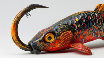 Wall Mural - High-detail image of a rubber fish lure with a securely attached hook, capturing the lifelike features and vivid hues aimed at luring fish.