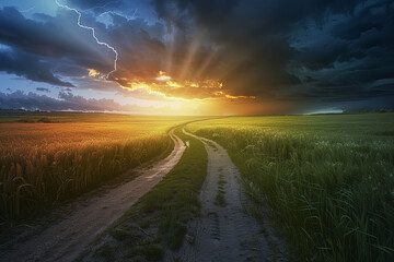 Canvas Print - Serene Landscape with Path Dividing into Sunlight and Storm  