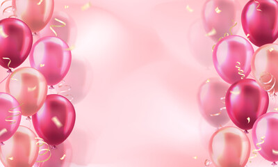 Wall Mural - Wallpaper with lots of 3d pink realistic glossy balloons and confetti on blurred background with blank space for greeting text. Banner for birthday, celebration party, sale, opening, wedding, holidays