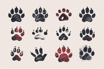 Wall Mural - Paw footprint icon, animal foot print, dog graffiti spray step, wolf trail, bear trace silhouette, paw footprint