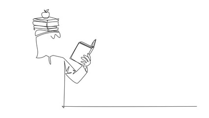 Canvas Print - Animated self drawing of continuous line drawing Arabian man reading book practicing balance. Stack books on top head along with the apple. Balancing reading rhythm. Full length single line animation