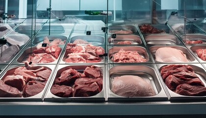 Wall Mural - Showcase with raw meat in a butcher shop.Selected quality meat.