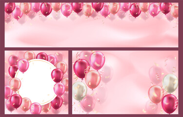 Wall Mural - Template of 3d pink realistic glossy balloons with confetti ribbons on blurred backgrounds and copy space for invitation or greeting text. Set of banners for birthday party, sale, opening, wedding