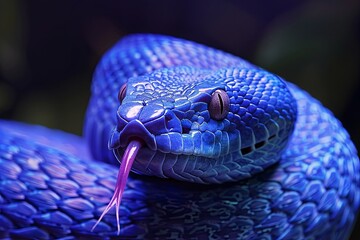 Deep Blue Snake with Tongue Out: A detailed macro shot of a deep blue snake