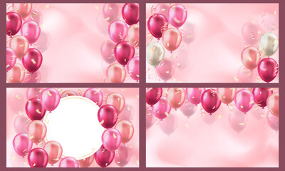 Wall Mural - Set of banners with lots of 3d pink realistic glossy balloons and confetti on blurred background with blank space for greeting text. Wallpapers for birthday, celebration party, sale, holidays, wedding