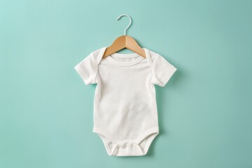 Wall Mural - White Onesie. Baby clothes on blue green pastel background. Fashion newborn clothes. Flat lay, top view. Baby kids clothing set. Infant bodysuit made from organic eco friendly cotton. Gender neutral