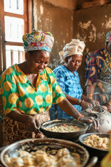 Wall Mural - an African family business working together in a kitchen, preparing traditional dishes