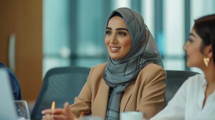 Wall Mural - an Arabian businesswoman discussing a project with colleagues in a modern conference room