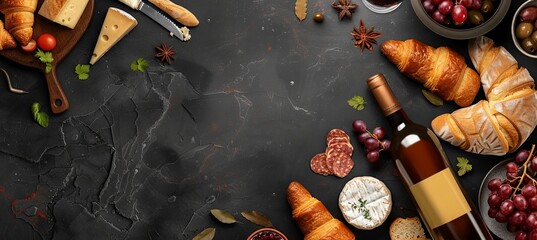 Sticker - French Picnic: A Top-Down View of a Background with French Food: Featuring baguette slices, assorted cheeses, grapes, croissants