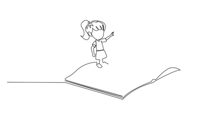 Wall Mural - Self drawing animation of one line drawing girl standing over open ledger turning the pages. Read slowly to understand the contents of each page. Reading increases insight. Full length animated